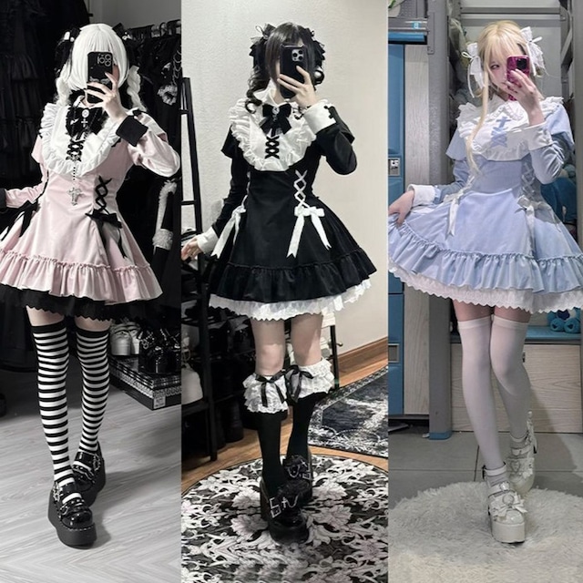 地雷系・量産型サイドレースアップリボンフリルワンピース