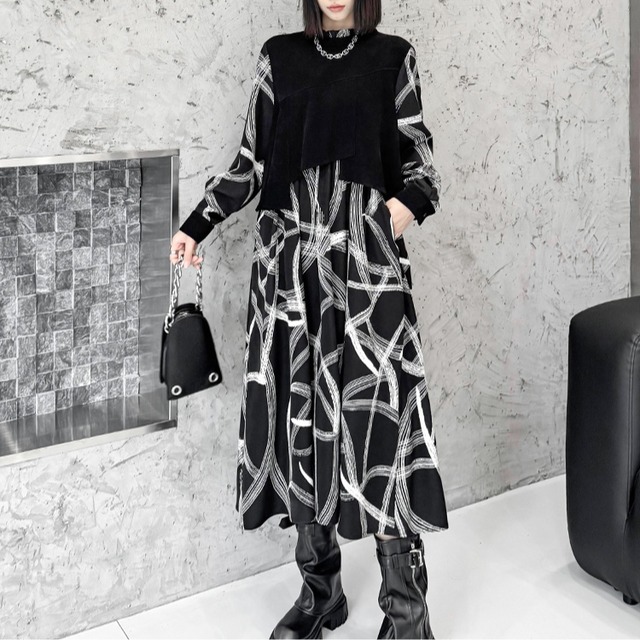 アートラインパターンレイヤードワンピースR30365