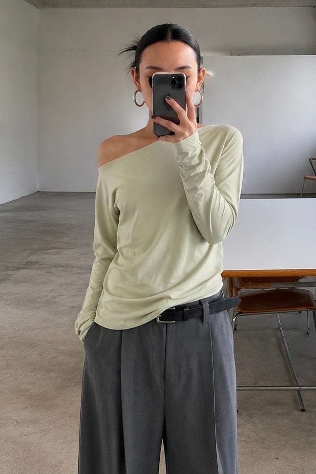 Asymmetry One Shoulder Tops (Beige) 2605-02-115 | HELK