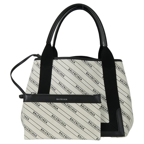Used BALENCIAGA バレンシアガ ネイビーカバ スモール Navy Cabas S コットンキャンバス ホワイト ブラック ハンドバッグ トートバッグ 美品