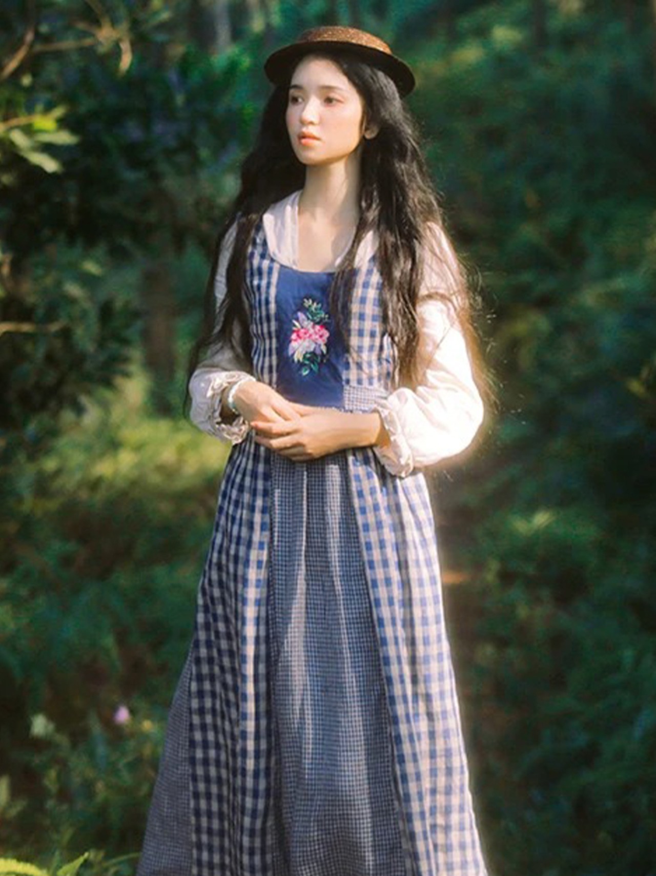 【0174】Patchwork Check Blue Long Sleeve Dress