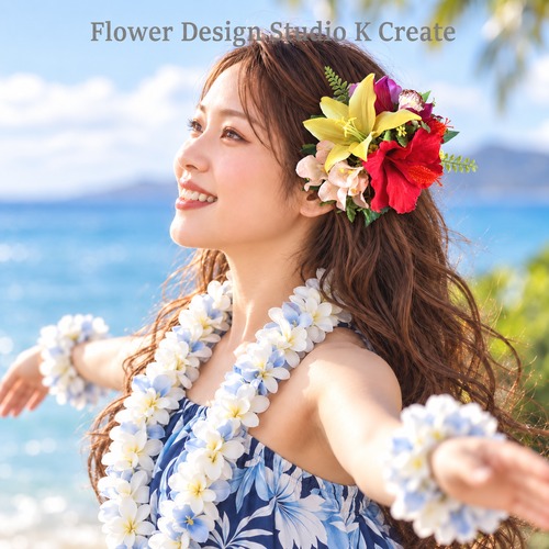 赤いハイビスカスと黄色い百合のヘアクリップ　結婚式　ウェディング　髪飾り　リゾ婚　フラ　フラダンス　南の島　結婚式　ブーゲンビリア　ハイビスカス