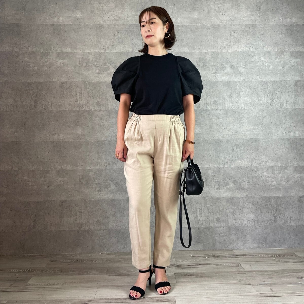 □大人可愛いポワン袖 コットン100％ 異素材コンビ ロングTシャツ M~LL