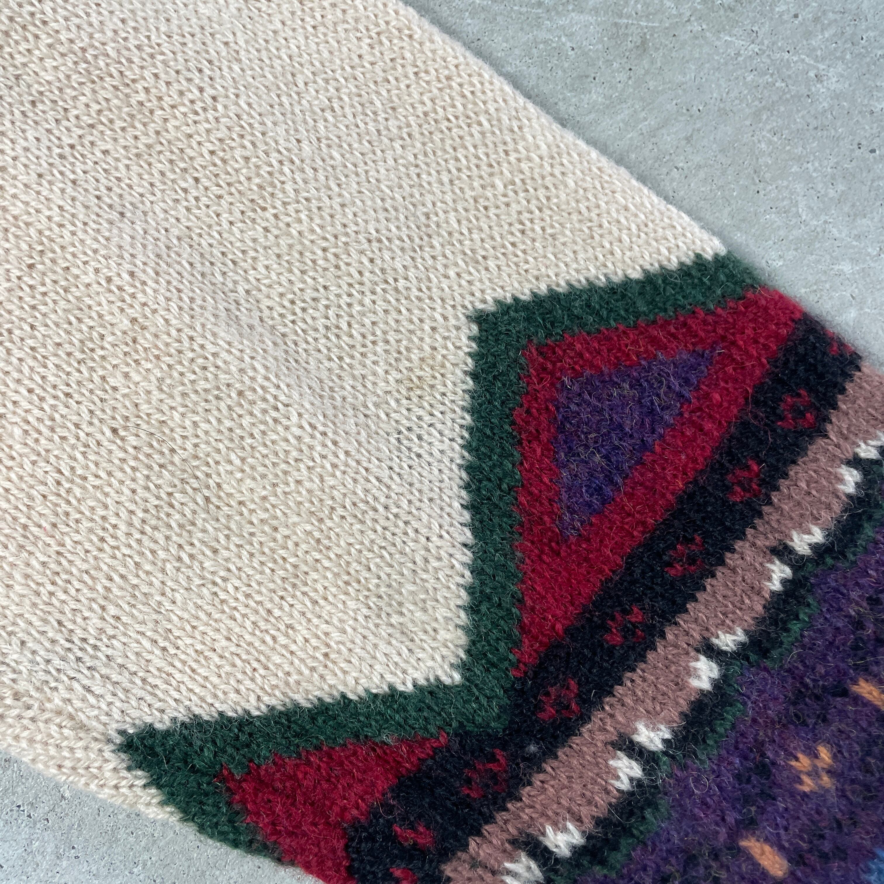 80年代 Woolrich ウールリッチ 乗馬 アニマル柄 ウールニットセーター レディースL相当 古着 80s ヴィンテージ VINTAGE 総柄 グリーン ベージュ レッド パープル ブルー 80年代 Woolrich ウールリッチ 乗馬 アニマル柄 ウールニットセーター