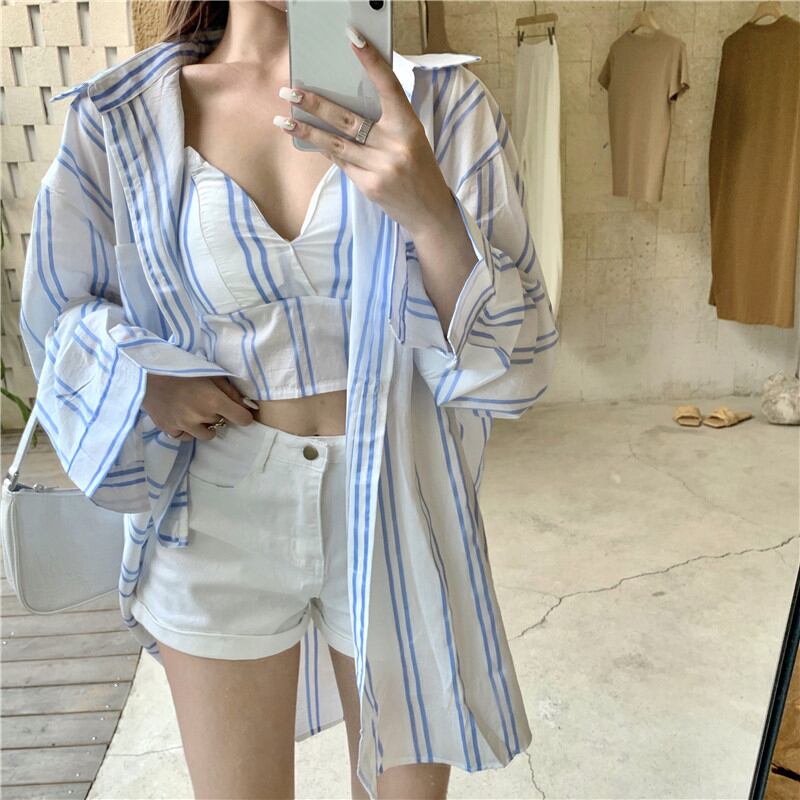 ミドル丈ルーズストライプ長袖シャツジャケットレディース2020秋新作オールマッチカジュアルシャツジャケット ブラックストロベリース21521394828