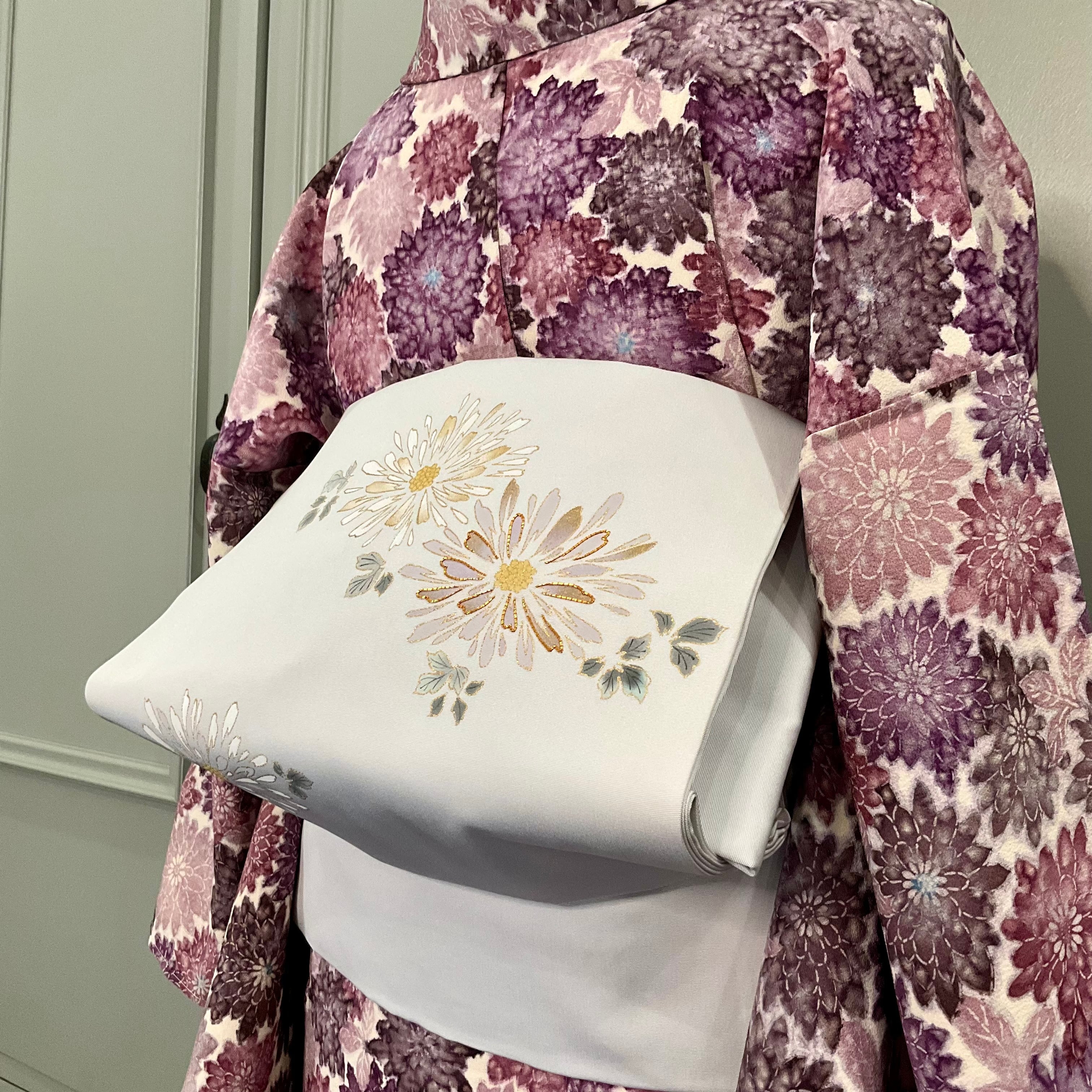 Moonlit Ivory＊染め帯 花 グレーホワイト 塩瀬帯 名古屋帯 B545