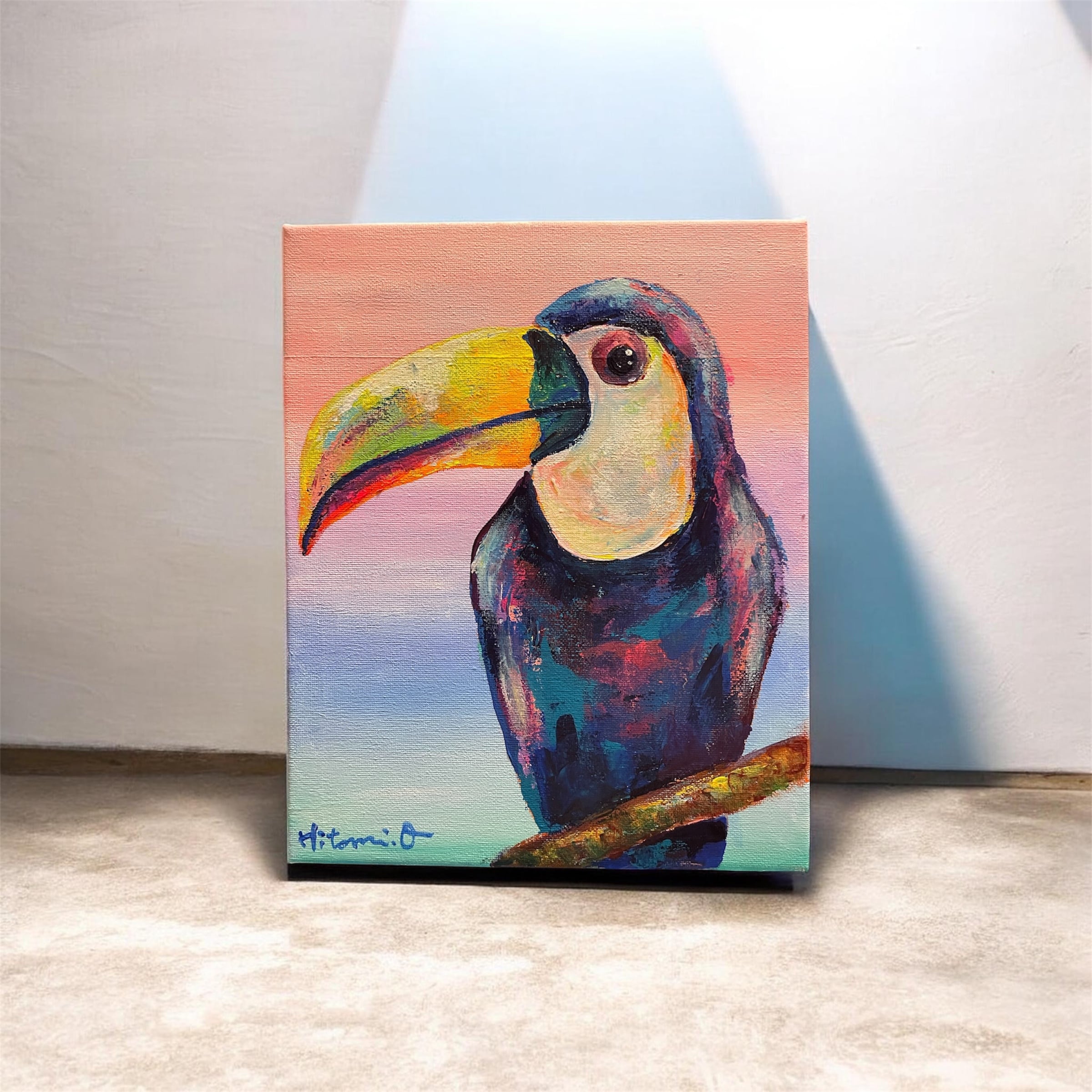 A-120/26】原画 絵画 動物画 鳥の絵 オオハシ カラフル 27.3×22cm