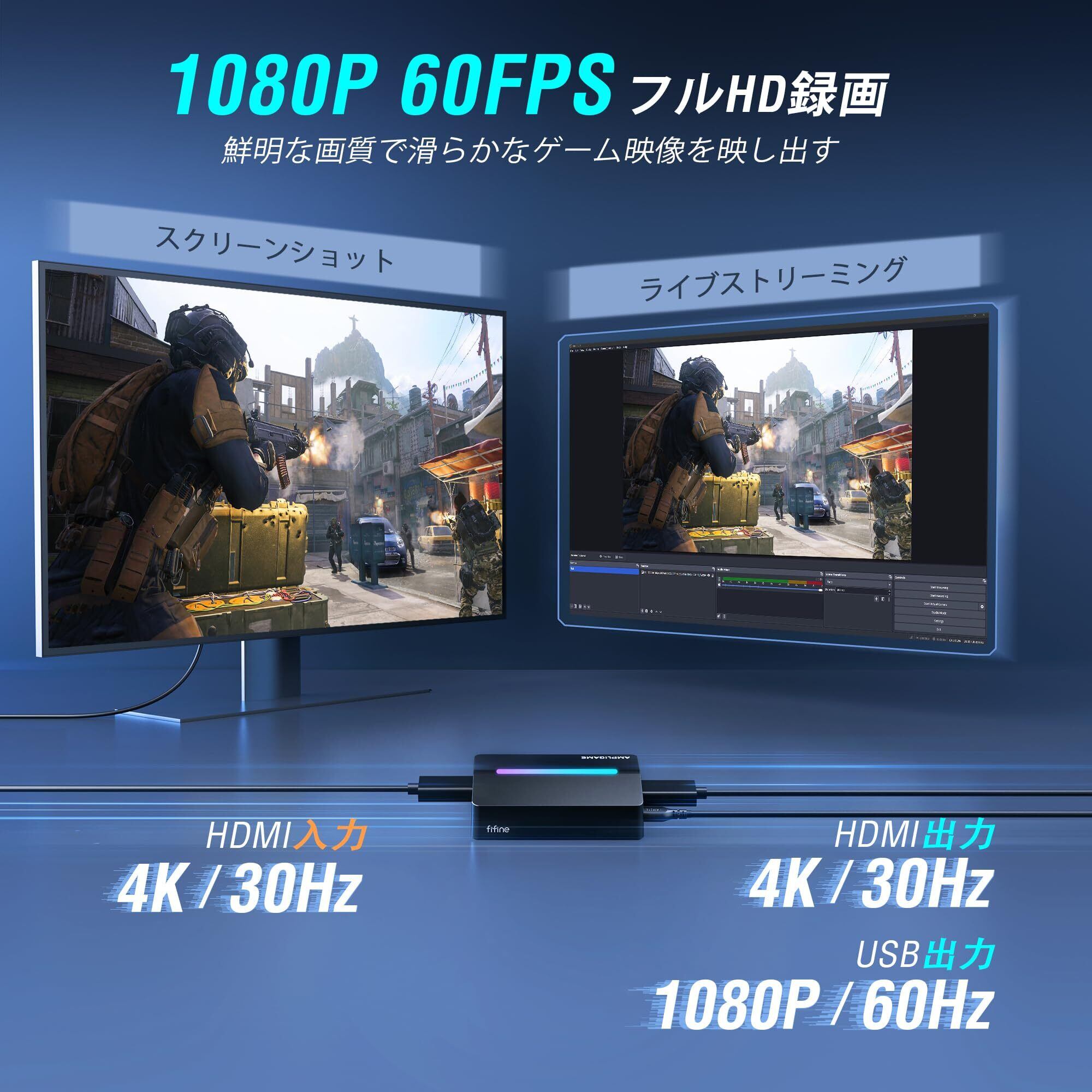 FIFINE キャプチャーボード Switch対応 4K パススルー 1080P 60FPS