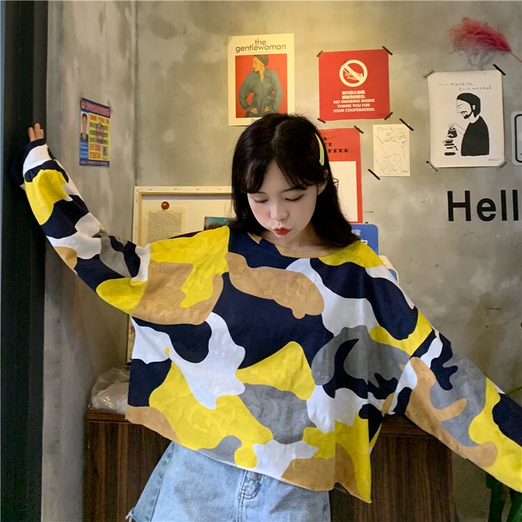 Tシャツ ルーズカラー迷彩プリント柄ラウンドネック長袖 長そで