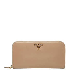 プラダ ロゴ 長財布 ラウンドジップウォレット ベージュ レザー レディース PRADA 【中古】