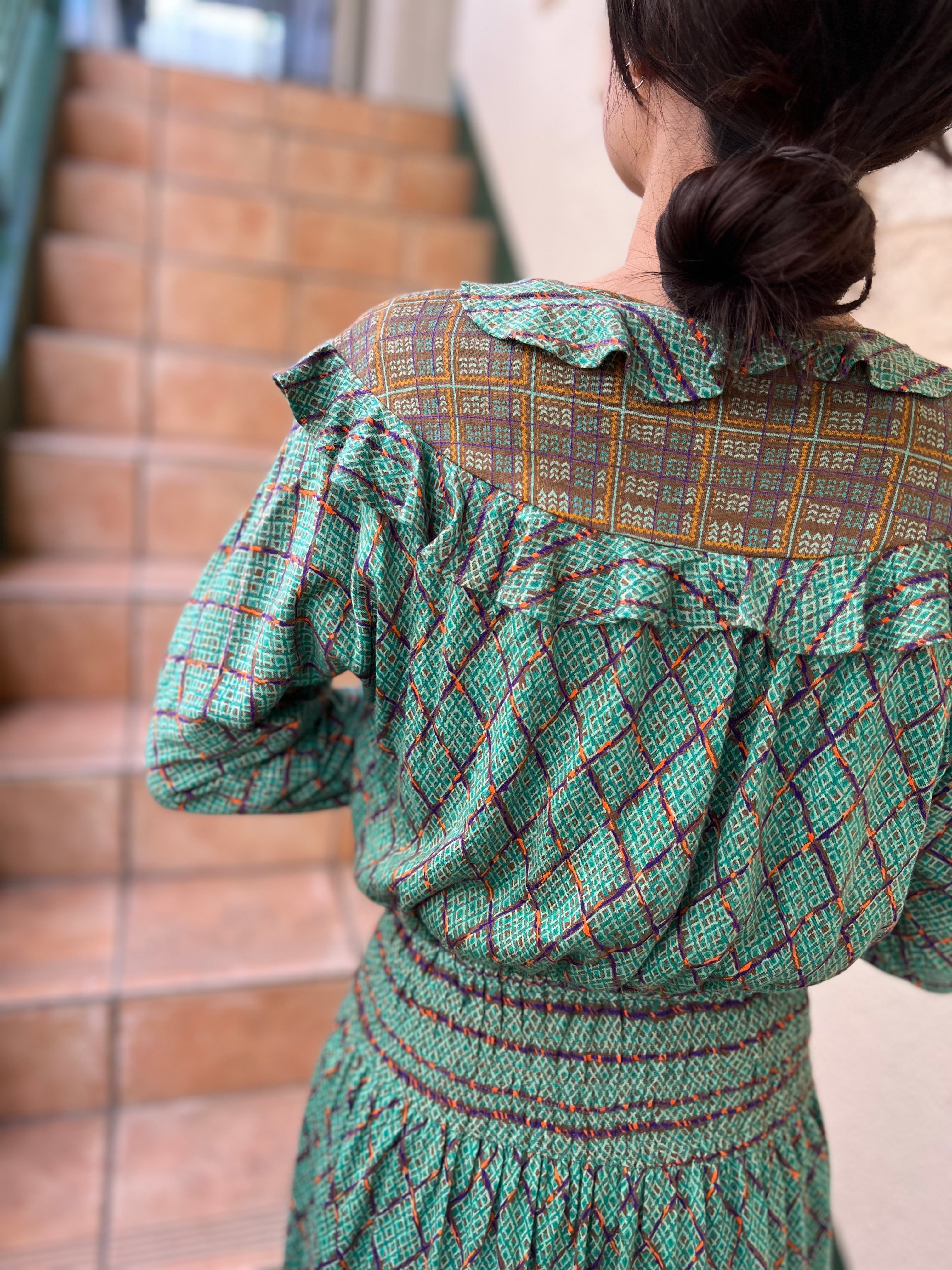70s Diane freis green × plaid wool dress ( ダイアン フレイス