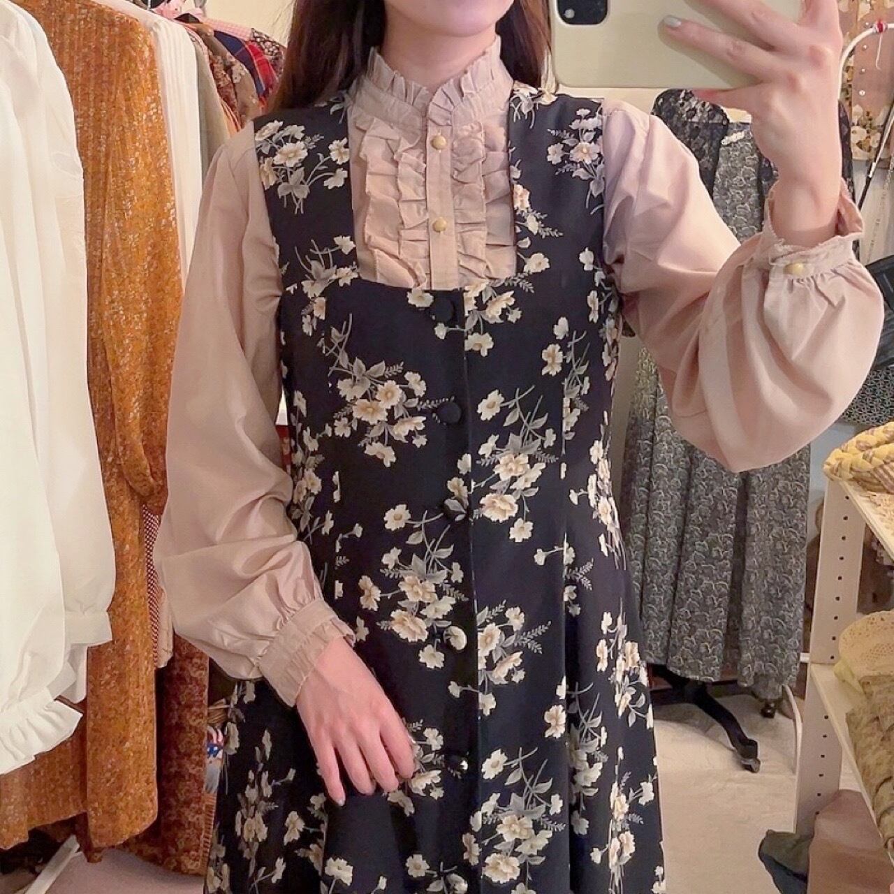 black flower front button jumper skirt