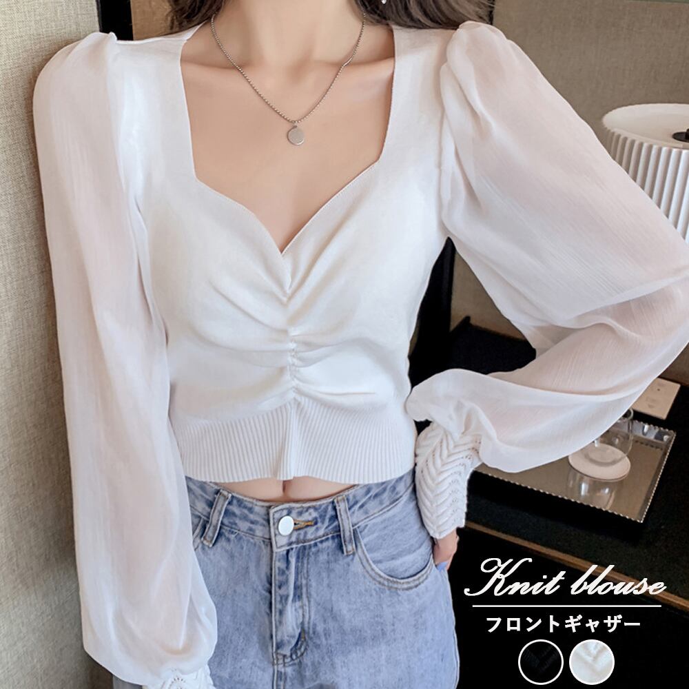 フロントギャザーニットブラウス 長袖