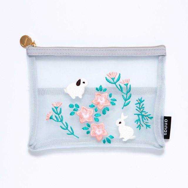 【annas刺繍文具】刺繍メッシュポーチ｜ウサギ