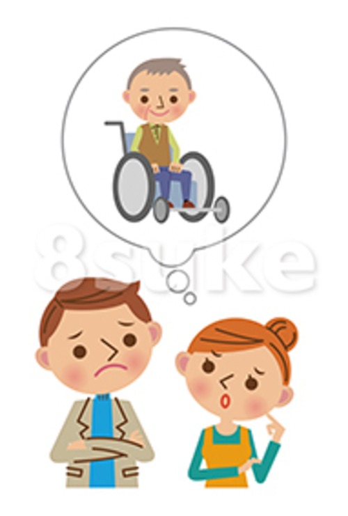 イラスト素材：足の不自由な父親の介護について悩む若い夫婦（ベクター・JPG）