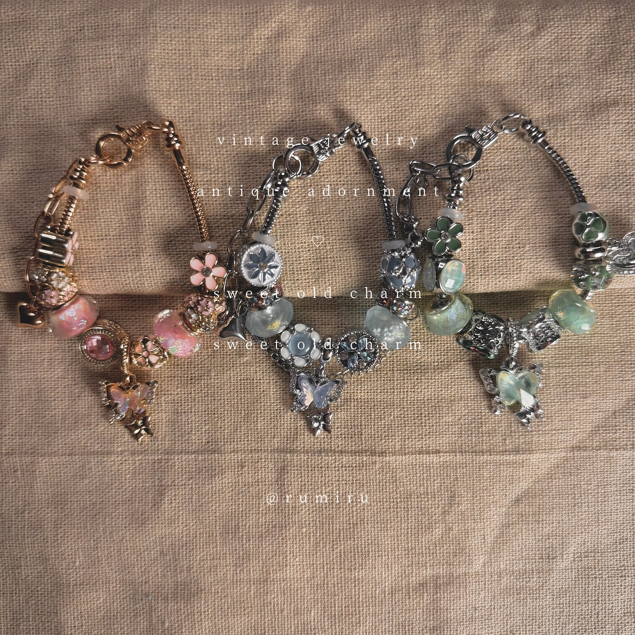 ハンドメイド レトロ 蝶々チャーム アンティーク ブレスレット - 1