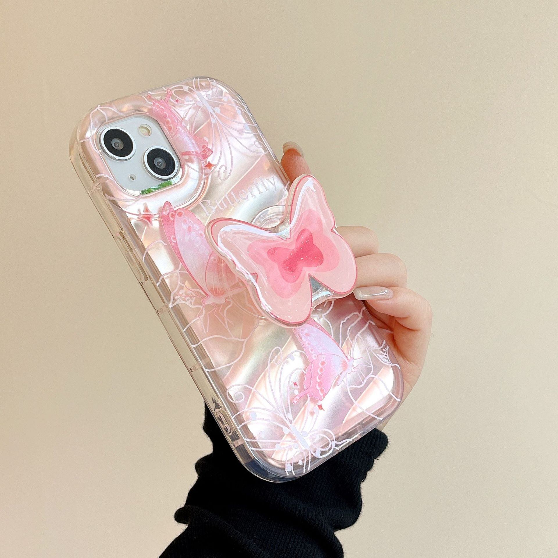 iPhone15対応】可愛いピンクバタフライ◎水紋デザイン クリアケース