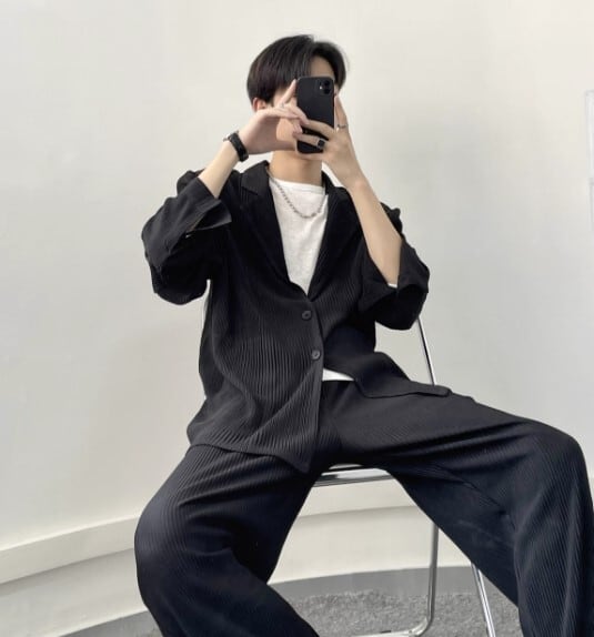 プリーツ ジャケット+パンツ セットアップ | Korean unisex プリーツ ジャケット+パンツ セットアップ | Korean unisex