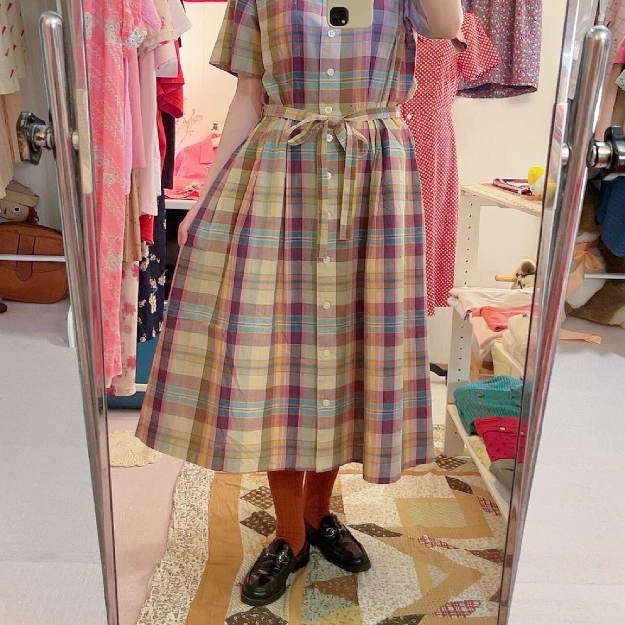 yellow pink check open collar one-piece