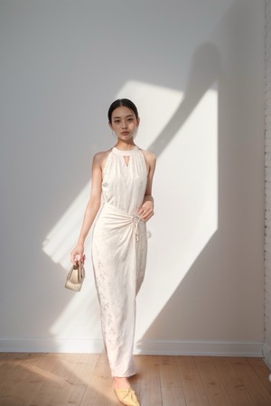 Bamboo Pattern One-Piece/竹柄ワンピース パーティー ロング ノースリーブ きれいめ クラシック ジャガード 竹柄 白 水色