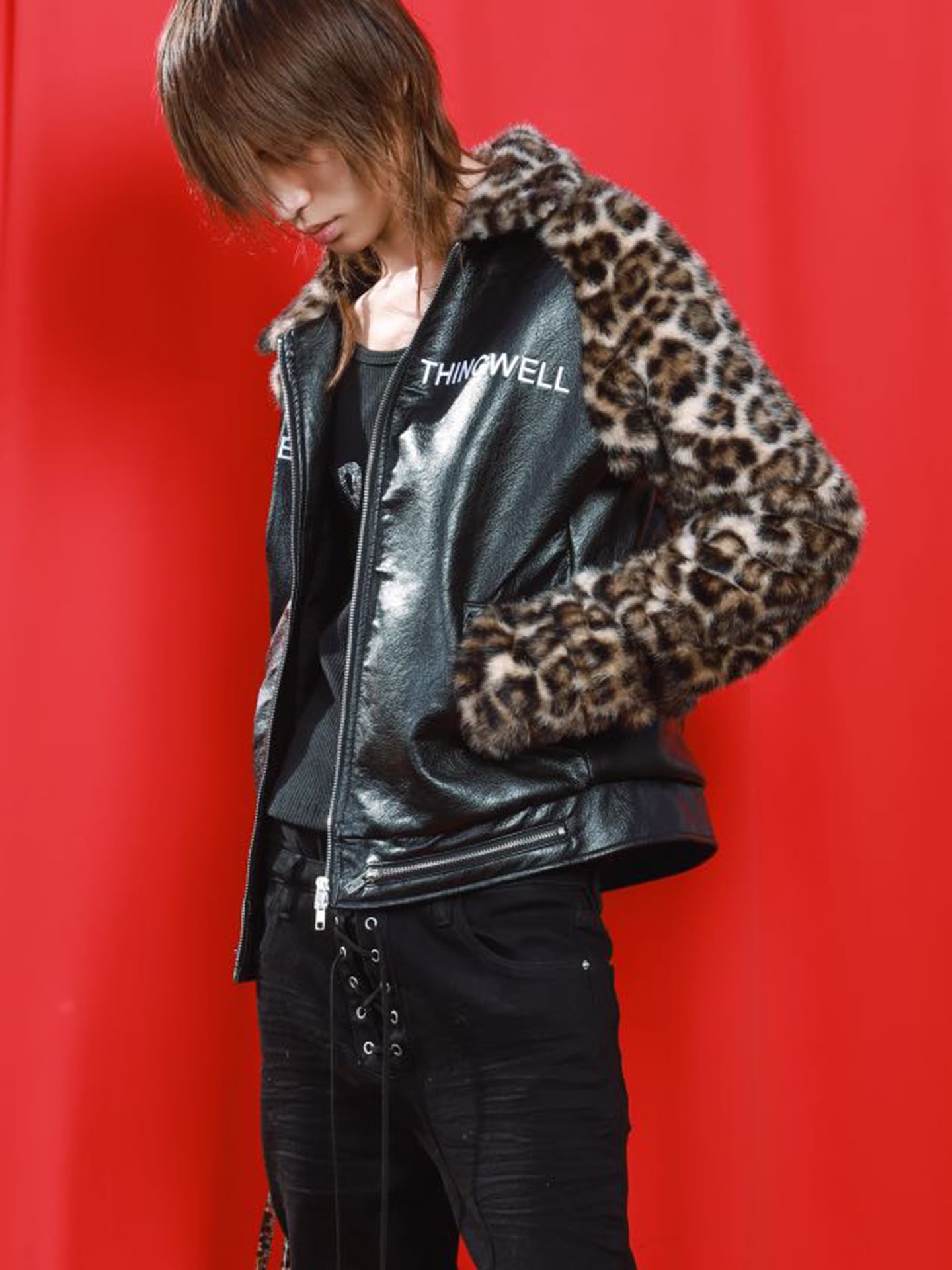【DOEVERYTHINGWELL】フェイクレザー × レオパードファー スカルライダースジャケット