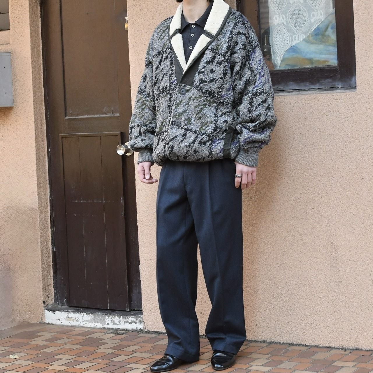 mouton leather switching design knit blouson