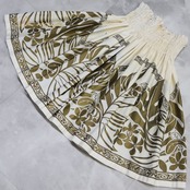 フラダンス 衣装 パウスカート エムエムジェイ ホワイト系 MMJ 日本製 シングル ゴールド系 キラキラ モンステラ柄 花柄 かわいい 華やか 鮮やか 明るい ふわふわ ハワイアン アロハ ハワイアンプリント フラ ダンス レッスン 練習 エレガント