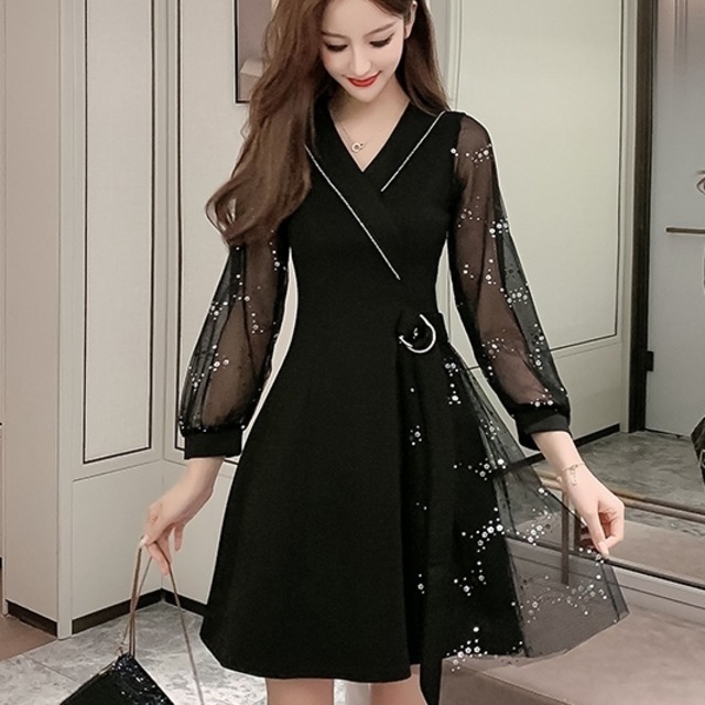 ワンピース レディース 送料無料 ミニ丈 ショート丈 膝上 フレアスカート シフォン Vネック サープリスネック カシュクールワンピース 長袖 ロングスリーブ パフスリーブ 透け感 黒 ブラック Aライン フィットアンドフレア パーティードレス パーティー衣装 披露宴 謝恩会 おでかけ 可愛い かわいい こなれ感 抜け感 お洒落 おしゃれ 大人可愛い 大人女子 ラブリー ガーリー キュート 春服 秋服 10代 20代 普段使い 特別な日 韓国 オルチャン ファッション イベント プチプラ 新作 2021