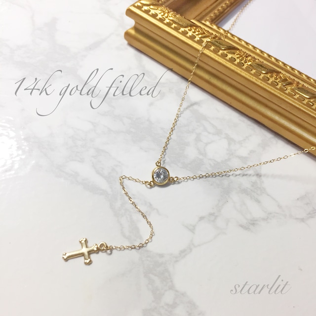 14kgf 》zirconia × cross ✞ y-shaped necklace