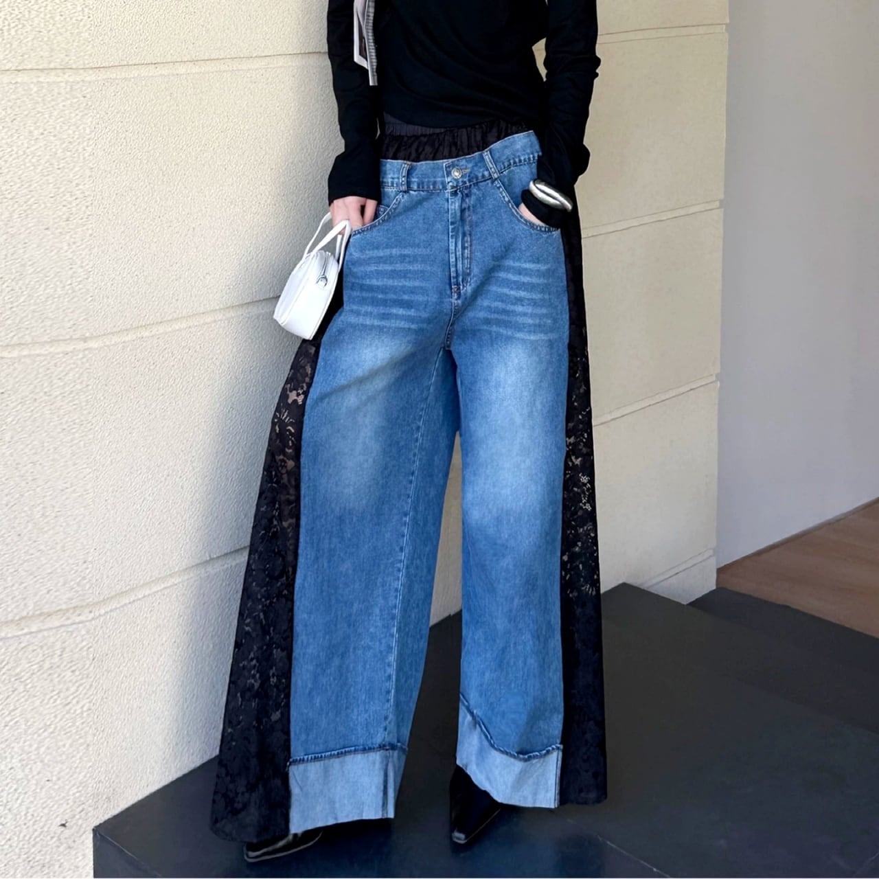 Lace Spliced Denim Pants 01400