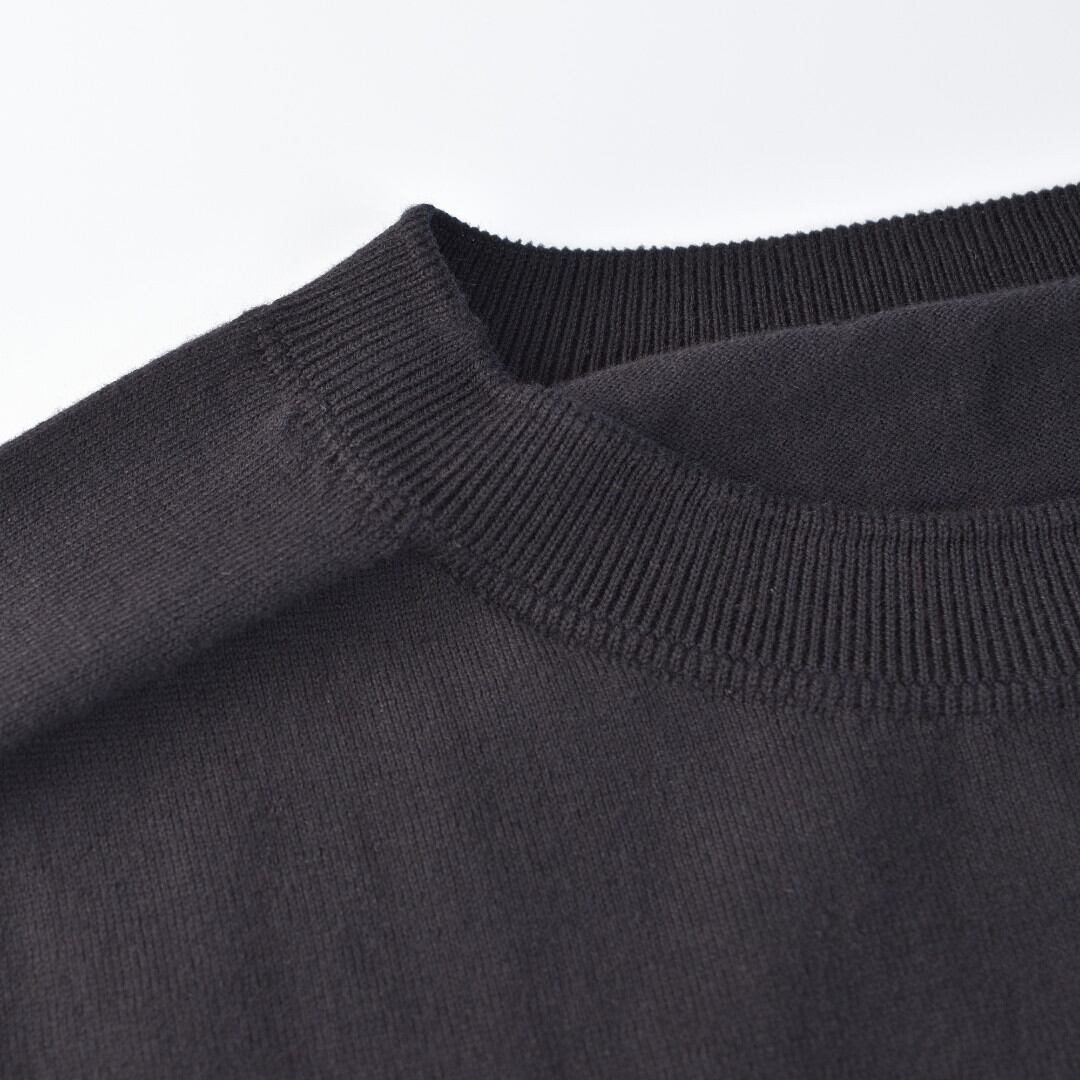 LinenYa リネンや クルーネック7分袖コットンニット・ブラック 柔らかく着心地の良いニットです