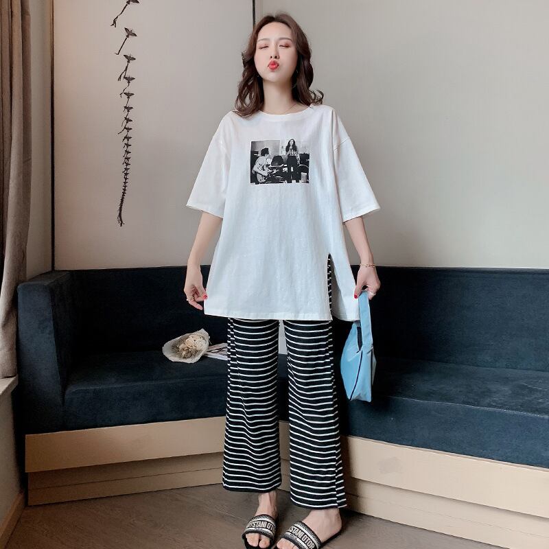 【新作】【送料無料】 マタニティウェア2020夏の新しいルーズスリットトップ+ストライプベリーリフトワイドレッグパンツマタニティスーツ-アリババ サマー 夏物 expec24514551453