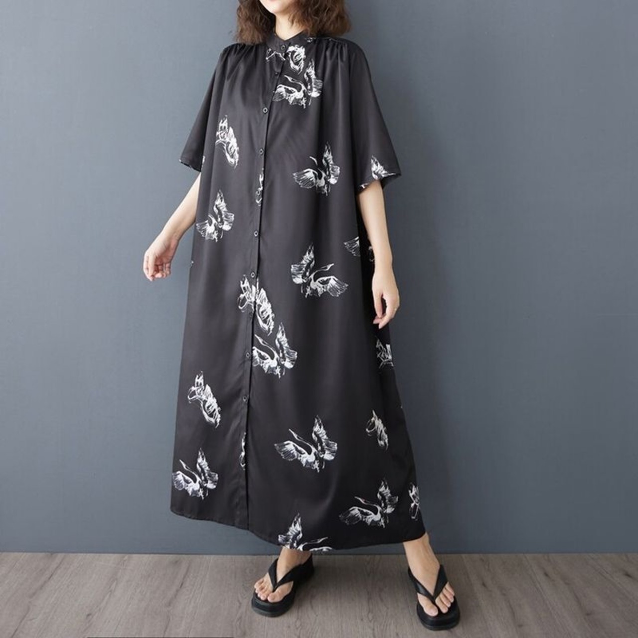 鶴柄 モノトーン ワンピース 30190