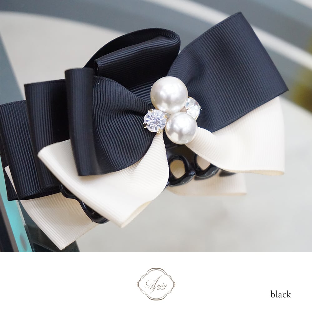 バイカラーリボンビジュパールバンスクリップ | Amin by w.a