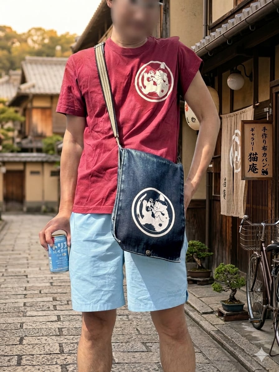 岡山デニム「にゃおとら」ショルダーバッグ（A）Japanese denim