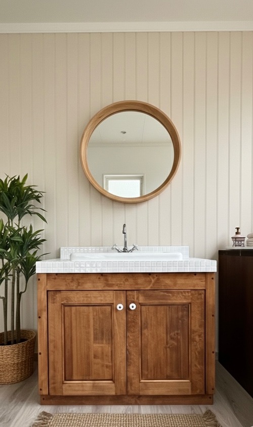 .スプルース材の木目が綺麗な　立ち上がりタイル付き　洗面台