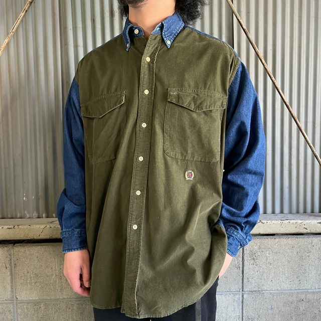 90年代 TOMMY トミーヒルフィガー コーデュロイ切替 デニムシャツ 