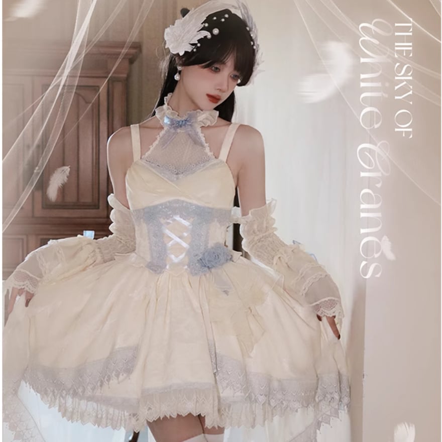 シフォンレースフリル刺繍ボウロリータジャンパースカート 甘い