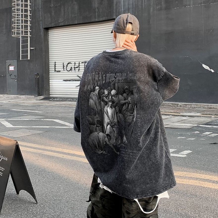 新品　ビンテージ黒/L　男女兼用　ビンテージ風 半袖Tシャツ ストリート系