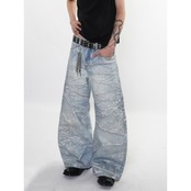 ストリート ウェーブラインストーン デニムパンツ P388
