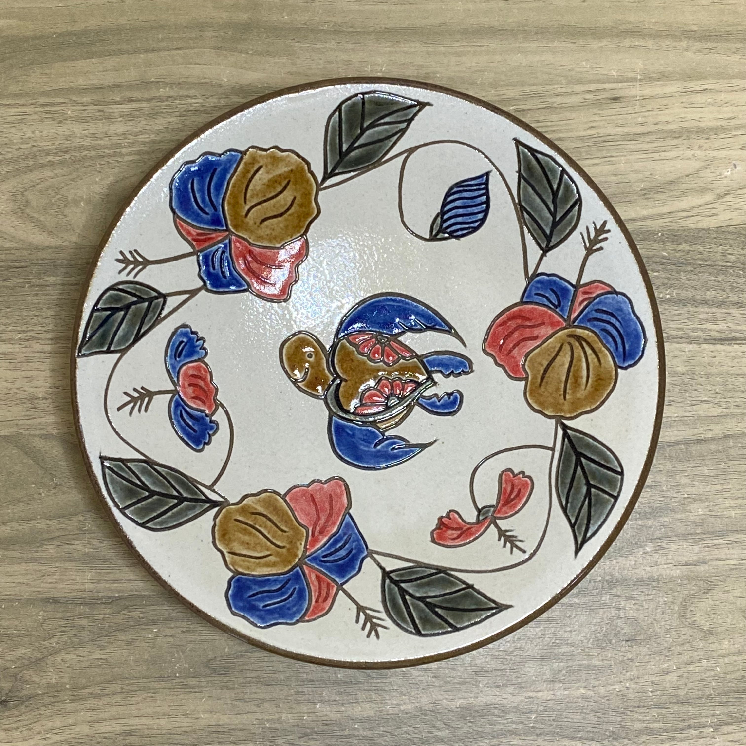7寸皿重ね焼き ハイビスカス／カメ（ハート） | 陶芸工房ふじ