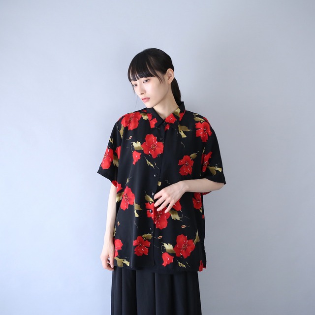 "花柄" black base red flower mode h/s shirt