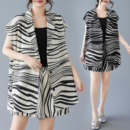 大きいサイズ夏服ゼブラ柄セットアップ 半袖ショートパンツ短パン