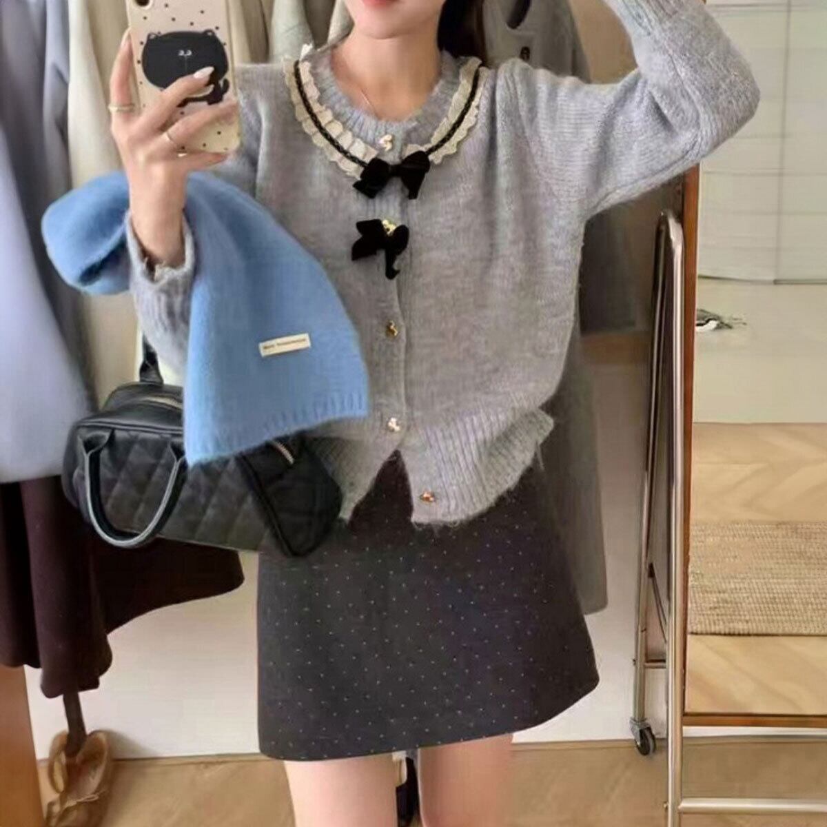 ニット カーディガン 長袖 レディース 春秋冬 韓国 レトロ きれいめ フェミニン 大人 かわいい 襟レース リボン フリル おしゃれ ハートボタン ショート丈 大人可愛い 大人女子