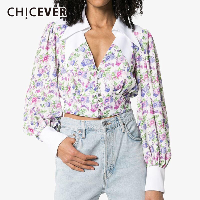 CHICEVERプリントシャツレディースラペルランタン長袖ヒットカラールーズフローラルブラウス2020服 ロング 花柄 6base56621411831
