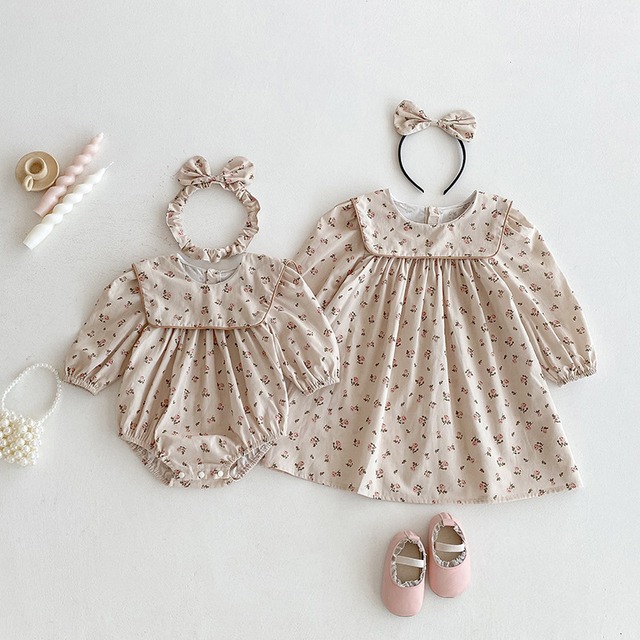 【姉妹服】フラワー柄ロンパース、ワンピース