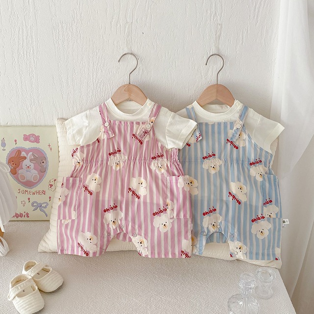 【セット】いぬプリントストライプサロペットロンパース半袖Tシャツセット - 6