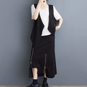 BLACK ZIP ASYMMETRIC DESIGN VEST & A-LINE MIDI SKIRT SET 2pieces 1color M-9856