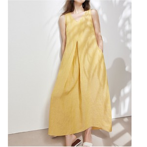french style yellow linen a-line dress sleeveless v-neck vacation midi dress  <d1658>