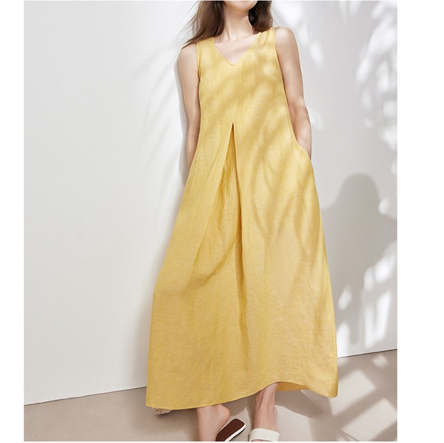 french style yellow linen a-line dress sleeveless v-neck vacation midi dress  <d1658>